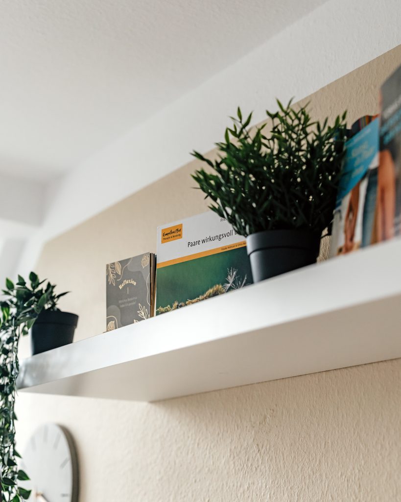 Detail aus Beratungsraum: Regal mit Büchern und Methodenbox: "Paare wirkungsvoll begleiten"
